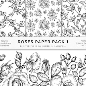 Pacote sem costura de papel rosa digital, desenhos de arte de linha, sobreposição de padrão, sem costura, monocromático, PNG, JPG, uso comercial OK, fundo floral