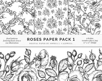 Digital Rose Paper Seamless Pack, Line Art Drawings, Pattern Overlay, Seamless, Monochrome, PNG, JPG, Commercial Use OK, Floral Background