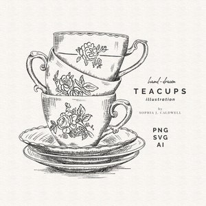 Taza de té y platillo SVG, Archivo PNG de té, Descarga instantánea de sello digital, Clip Art dibujado a mano, Dibujo de línea de tinta, Uso comercial, Fiesta de té nupcial