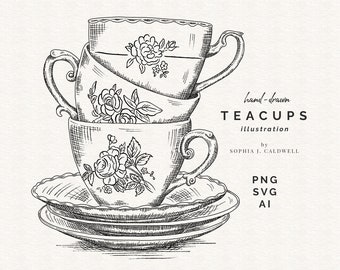 Teacup and Saucer SVG, Tea PNG File, Digital Stamp Instant Download, Hand Drawn Clip Art, Ink Line Drawing, Commercial Use, Bridal Tea Party