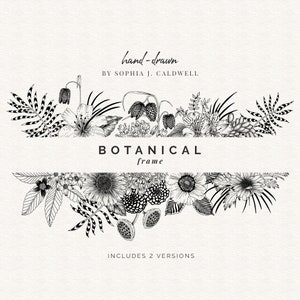 Flower Border Clipart Commercial, Line Drawing Black White Clipart, Floral Digital Frames Clip Art, Hand Drawn Floral Clipart, Floral PNG