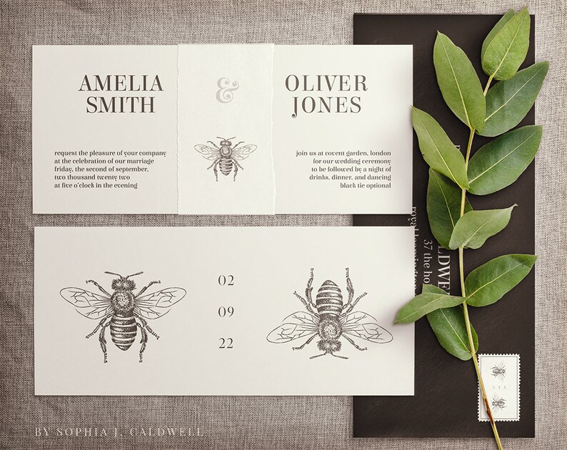 May include: A wedding invitation featuring a black and white bee illustration. The invitation is for Amelia Smith and Oliver Jones. The text reads "request the pleasure of your company at the celebration of our marriage Friday, the second of September, two thousand twenty two at five o'clock in the evening." and "join us at Covent Garden, London for our wedding ceremony to be followed by a night of drinks, dinner, and dancing black tie optional."