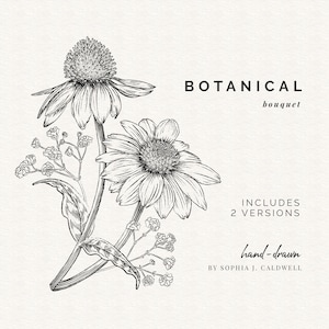Black and White Digital Floral Bouquet PNG, Wedding Clipart, Commercial Use, Hand Drawn Floral Clipart, Antique Style Botanical Illustration