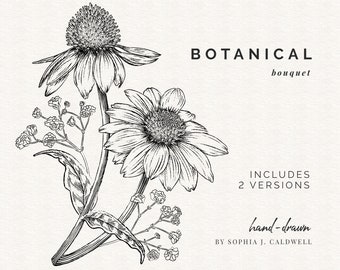 Black and White Digital Floral Bouquet PNG, Wedding Clipart, Commercial Use, Hand Drawn Floral Clipart, Antique Style Botanical Illustration