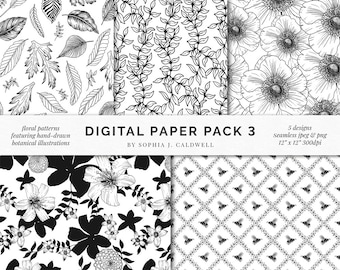 Floral Botanical Digital Paper Pack, Line Art Black & White, Pattern Overlay, Anemone, Bees, Lilies, Vines, Leaves, Seamless, Monochrome PNG
