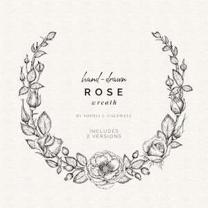 Clipart de guirlanda de rosa, rosa PNG, preto e branco, floral vintage, guirlanda, clipart de flores de casamento, uso comercial OK, molduras digitais redondas