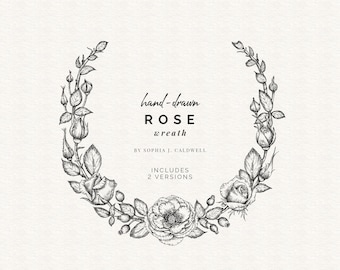 Può includere: Illustrazione in bianco e nero disegnata a mano di una ghirlanda di rose. Il testo "hand-drawn ROSE wreath BY SOPHIA J. CALDWELL INCLUDES 2 VERSIONS" è sotto la ghirlanda.