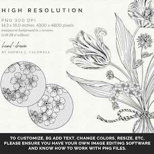 May include: A black and white line drawing of a bouquet of flowers, including tulips, forget-me-nots, and other blooms. The flowers are tied together with a ribbon and are arranged in a vase. The drawing is hand-drawn and has a vintage feel.