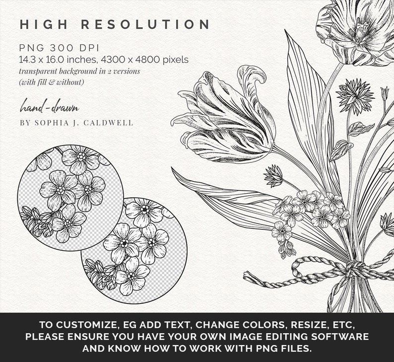 May include: A black and white line drawing of a bouquet of flowers, including tulips, forget-me-nots, and other blooms. The flowers are tied together with a ribbon and are arranged in a vase. The drawing is hand-drawn and has a vintage feel.