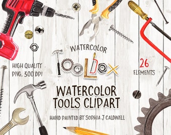 Tool Clipart, Watercolor Graphics, Instant Download, PNG Files, Woodworking Tools, Scrapbooking Supplies, Scrapbook Embellishment, Toolbox