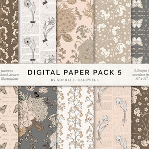 Shabby Chic Digital Paper Pack, Floral Botanischer Nahtloser Hintergrund, Handgezeichnete Muster, Kommerzielle Nutzung, Pastell Tulpen Beeren Schmetterlinge