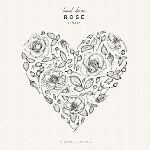 Clipart de colagem de coração, rosas lineares, flores desenhadas à mão, contorno de buquê digital, flores de casamento PNG, romântico digital, dia dos namorados png