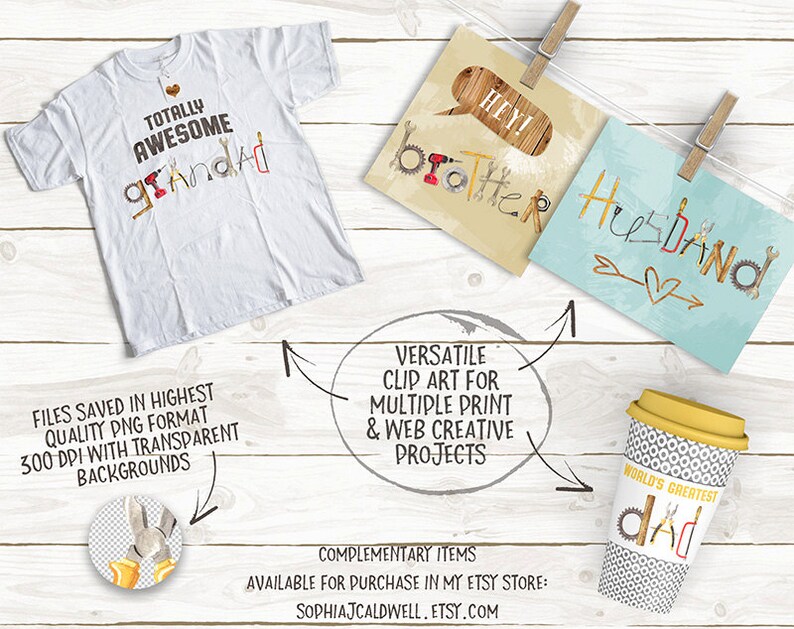 May include: A set of digital clipart featuring the words "grandad", "brother", "husband", and "dad" spelled out using tools. The words are in a handwritten style with a heart symbol. The clipart is on a white background.