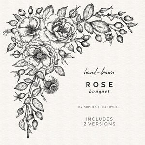 Digital Rose Clipart, Corner Rose Border Clipart Commercial, Garland Clipart, Line Drawing Black White, Floral Digital Frame, Hand Drawn PNG