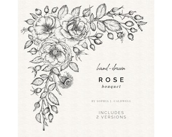 Digital Rose Clipart, Corner Rose Border Clipart Commercial, Garland Clipart, Line Drawing Black White, Floral Digital Frame, Hand Drawn PNG