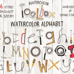 Acuarela de imágenes prediseñadas del alfabeto, imágenes prediseñadas de herramientas, letras de nombre, carpintería, alfabeto imprimible, letras de álbum de recortes, niños niño niña, él papá padre