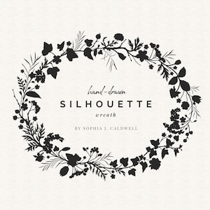 Gráficos de guirlanda de silhueta de flor, clipart de guirlanda floral preto oval, clipart digital desenhado à mão, sobreposição de PNG, uso comercial OK