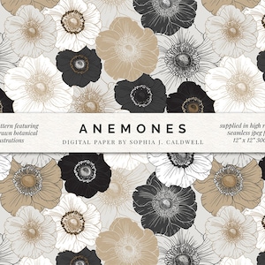 Op de afbeelding: Een naadloos digitaal papierpatroon met handgetekend illustraties van anemonen in zwart, wit en beige. Het patroon is 30,5 cm bij 30,5 cm en 300 dpi.  ΑΝΕΜΟΝΕΣ DIGITAL PAPER BY SOPHIA J. CALDWELL.