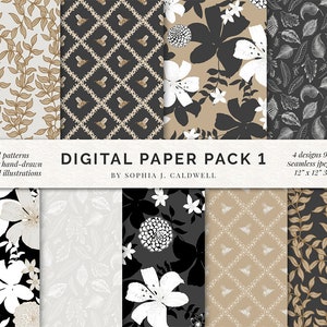 Floral Botanisches Digital Papier Pack, Handgezeichnete Muster, Bienen, Lilien, Reben, Blätter, Nahtlos zu wiederholen, Neutral Gold Silber Schwarz Weiß