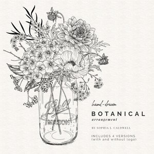 Einmachglas Clip Art, handgezeichnetes Clipart-Set mit Blumen, kommerzielle Nutzung OK, digitaler Blumenstrauß, Blumen Download PNG, Linienzeichnung schwarzer Umriss