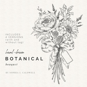 Blumenstrauß PNG, Pfingstrose, Gerbera Gänseblümchen, Handgezeichnetes Florales Clipart Arrangement, Vintage Clipart Set, Linienzeichnung Schwarzer Umriss Transparent