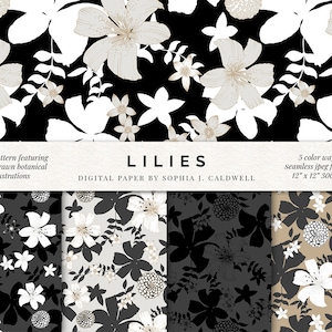 Lilie Digitales Papier, Handgezeichnetes Blumenmuster Clipart, Nahtlos wiederholende Blume Hintergrund, Schwarz Weiß Silber Gold Bronze Creme Neutral