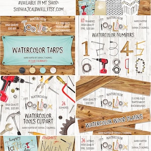 May include: A digital collage of watercolor illustrations featuring a toolbox theme. The illustrations include tools, numbers, letters, wood planks, and word art. The text "Watercolor Toolbox" appears throughout the collage.