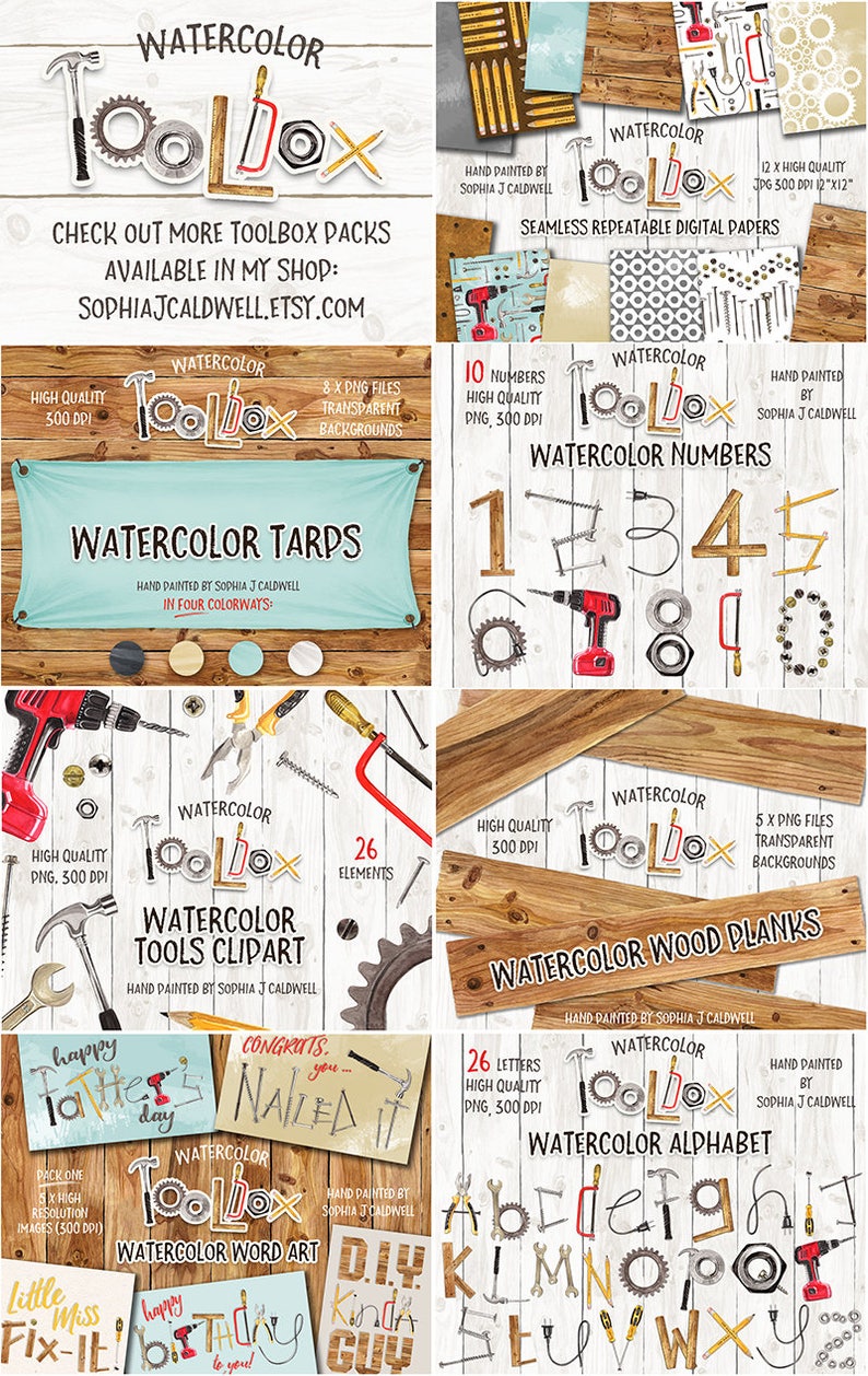 May include: A digital collage of watercolor illustrations featuring a toolbox theme. The illustrations include tools, numbers, letters, wood planks, and word art. The text "Watercolor Toolbox" appears throughout the collage.