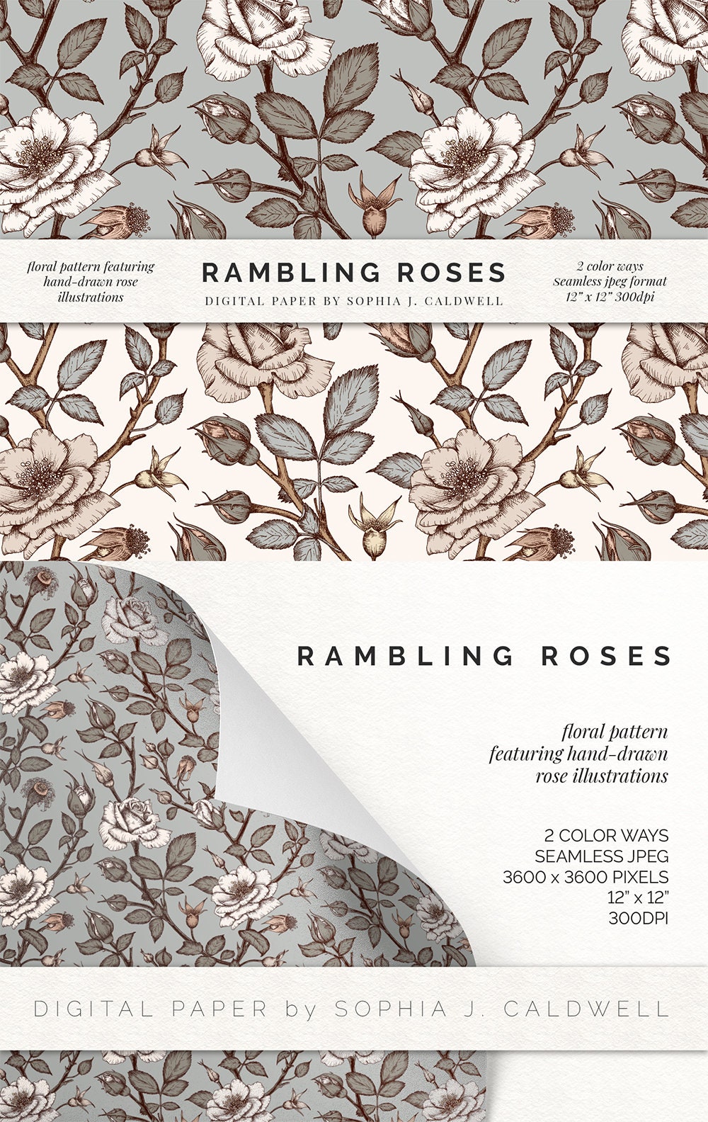 Rose Digital Paper Bundle, Floral Pattern Clipart, Vintage Shabby Chic ...