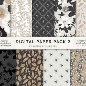 Floral Botanisch Digitaal Papierpakket, Handgetekende Patronen, Anemoon, Bijen, Lelies, Wijnstokken, Bladeren, Naadloos Herhalen, Goud Zilver Zwart Wit