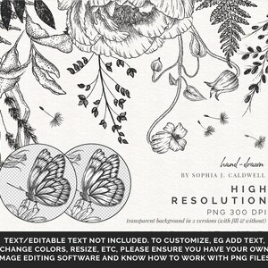 K&ouml;nnte beinhalten: Schwarzwei&szlig;-Handzeichnung eines Schmetterlings, Blumen und Bl&auml;ttern. Das Bild ist hochaufl&ouml;send und hat einen transparenten Hintergrund. Der Text "Handgezeichnet von Sophia J. Caldwell. Hohe Aufl&ouml;sung. PNG 300 DPI. Transparenter Hintergrund in 2 Versionen (mit F&uuml;llung und ohne)" ist im Bild enthalten.