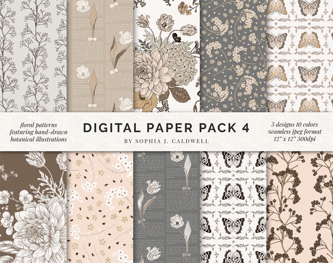 Shabby Chic Digital Paper Pack, Floral Botanical Seamless Background ...
