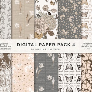 Shabby Chic Digital Paper Pack, Floral Botanische Naadloze Achtergrond, Handgetekende Patronen, Commercieel Gebruik, Pastel Tulpen Bessen Vlinders
