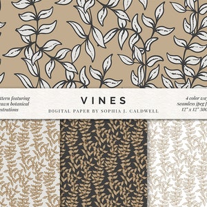 May include: Four digital paper designs featuring a seamless pattern of brown vines on different colored backgrounds. The text "VINES" and "DIGITAL PAPER BY SOPHIA J. CALDWELL." is displayed on a white background.