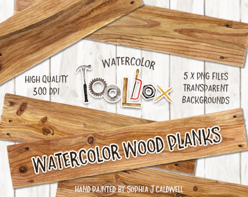 Watercolor Wood Clipart, Digital Elements, Wood Digital Paper, Clip Art Banner, Woodworking Tools, Rustic, Scrapbooking Supplies, Planks image 1