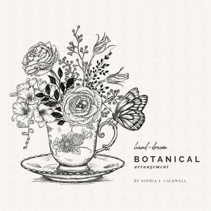 Xícara de chá com flores e borboleta PNG, buquê floral preto e branco, clipart digital desenhado à mão, arte de desenho de linha, uso comercial OK