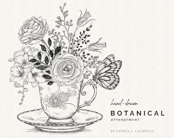 Teacup with Flowers and Butterfly PNG,  Black and White Floral Bouquet, Hand Drawn Digital Clip Art, Line Drawing Art, Commercial Use OK