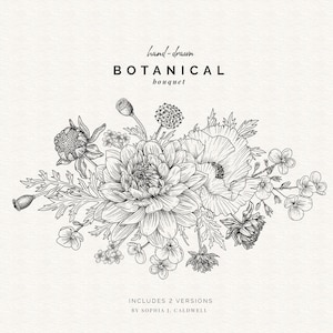 Buquê floral digital desenhado à mão PNG, clipart floral estilo vintage preto e branco, desenho de linha de contorno preto, uso comercial OK