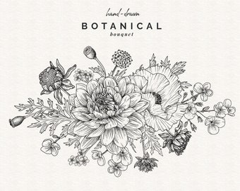 May include: Black and white line drawing of a botanical bouquet with various flowers, including poppies, ranunculus, and other delicate blooms. The bouquet is arranged in a loose, flowing style, with the flowers cascading down the page. The text "hand-drawn BOTANICAL bouquet" and "INCLUDES 2 VERSIONS BY SOPHIA J. CALDWELL" is included in the image.