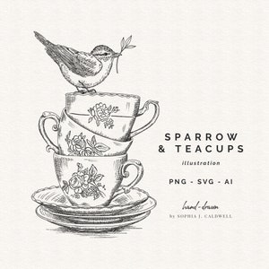 Tazas de té y gorrión SVG, archivos SVG de pájaro, archivo PNG de té, descarga instantánea de sello digital, imágenes prediseñadas dibujadas a mano, dibujo de línea de tinta, uso comercial