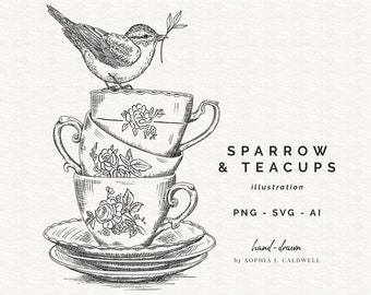 Teacups and Sparrow SVG, Bird SVG Files, Tea PNG File, Digital Stamp Instant Download, Hand Drawn Clip Art, Ink Line Drawing, Commercial Use