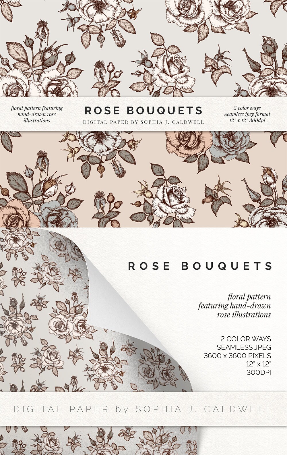 Rose Digital Paper Bundle, Floral Pattern Clipart, Vintage Shabby Chic ...