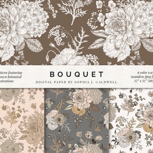 Pastell Blumen Digitales Papier, Blumenstrauß-Muster, Nahtloser Hintergrund, Shabby Chic, Printable, Vintage, Rosa, Grau, Weiß, Braun, Gold