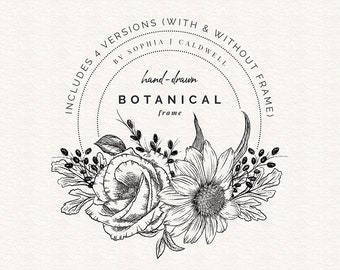 cute homework clipart black and white Round Circular Floral Frames Clipart, Black and White Hand Drawn Flower PNG, Digital Flowers, Wreath Illustration, Commercial Use, Botanical