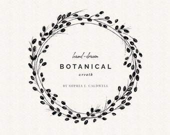 Può includere: Illustrazione botanica disegnata a mano in bianco e nero con il testo "hand-drawn BOTANICAL wreath BY SOPHIA J. CALDWELL".