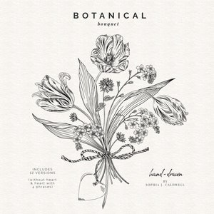 Ensemble de cliparts floraux bouquet numérique dessinés à la main, tulipes, myosotis, clipart de voeux noir et blanc, fleurs noeud et coeur PNG Bundle