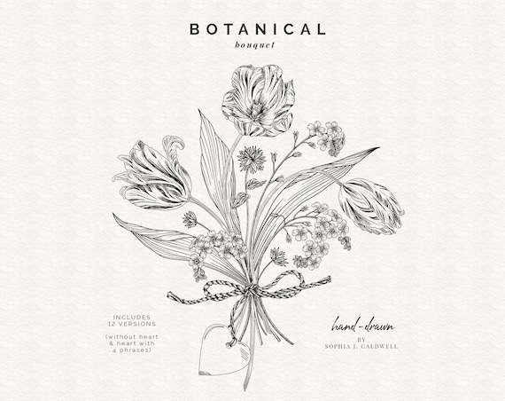 Hand Drawn Digital Bouquet Floral Clipart Set, Tulips, Forget-Me-Nots, Black and White Greetings Clipart, Flowers Bow and Heart PNG Bundle