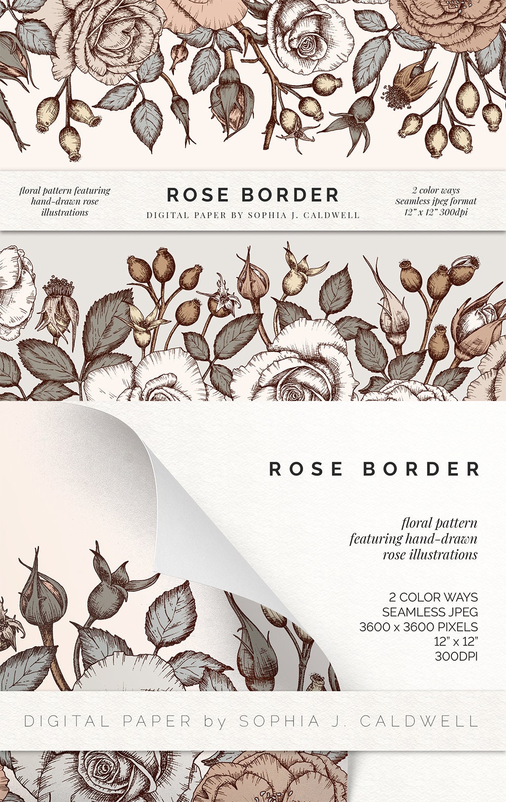 Rose Digital Paper Bundle, Floral Pattern Clipart, Vintage Shabby Chic ...