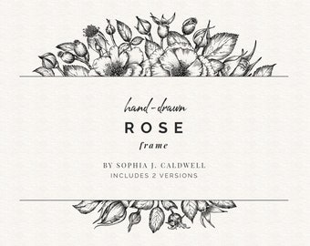 Rose Line Drawing Border Frame, Botanical Floral Clip Art, Black and White, Doodle Floral Clipart, Hand-Drawn, Vintage, Rose PNG, Commercial
