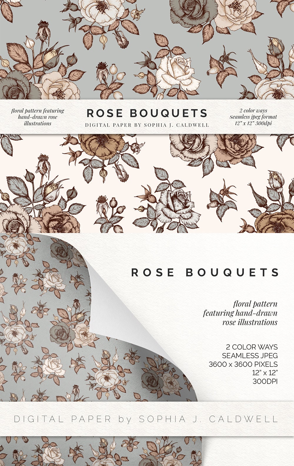 Rose Digital Paper Bundle, Floral Pattern Clipart, Vintage Shabby Chic ...
